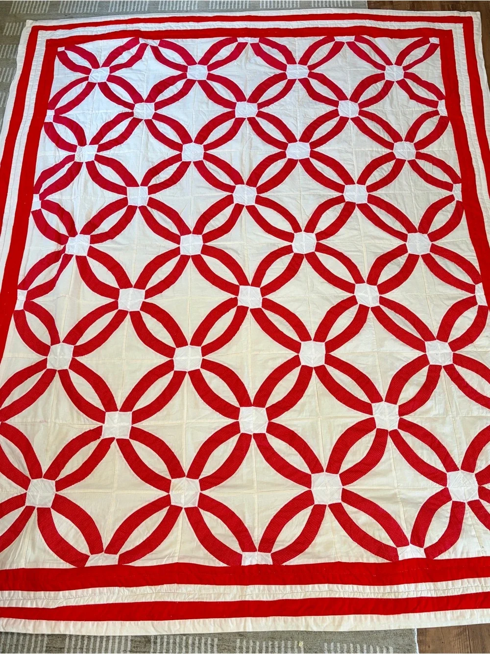 Vintage Double Wedding Ring Quilt - Red & Cream Handmade Quilt - 86 x 71